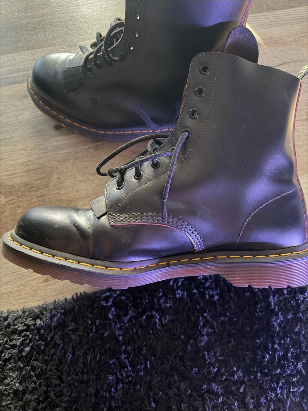 Men’s Dr. Martens Black Leather Combat Boots with Yellow Stitching